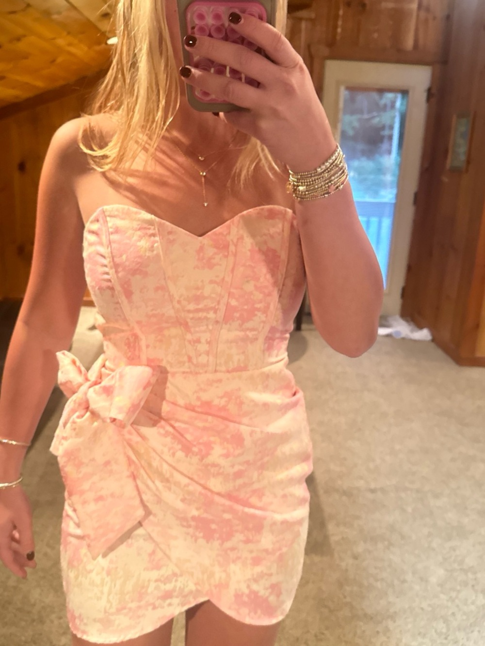 Triple Threads Strapless Pink Floral Bow-Accent Mini Dress